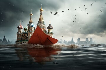 A sinking paper boat with a Kremlin tower amidst pressure from nations. It's an art collage. Generative AI - obrazy, fototapety, plakaty