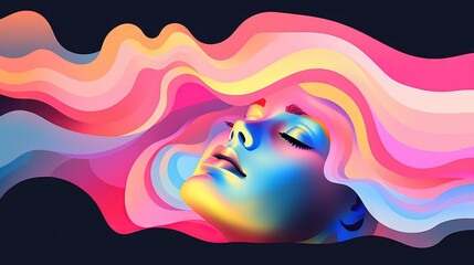  a woman's face with a multicolored hair blowing in the wind with her eyes closed and her eyes closed to the side.  generative ai