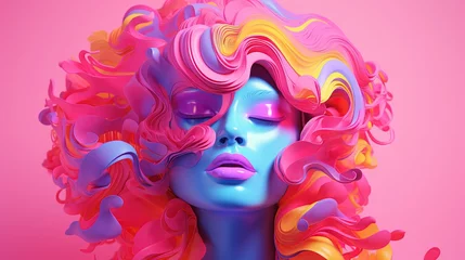 Tuinposter  a woman's head with colorful hair and makeup on a pink background with a pink background and a pink background with a pink background.  generative ai © Nadia