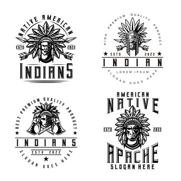 Apache Indian Man Logo Bundle Set vintage style chief mascot design character black and white silhouette vector illustration