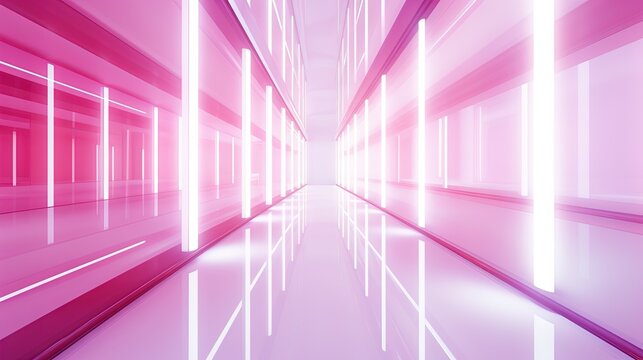  a long hallway with pink and white lines on the walls and floor and a light at the end of the hallway and a pink light at the end of the hallway.  generative ai