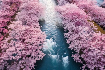 aerial view of blooming cherry blossom trees and clear river. Generative AI