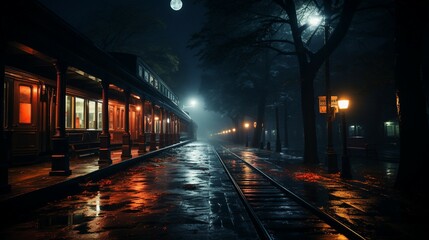 Eerie Atmosphere at Dark Train Station - obrazy, fototapety, plakaty