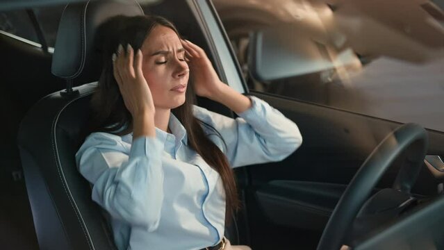 Frustrated stressed angry driver woman hit car steering wheel irritated angry Caucasian female worry traffic jam lateness business failure stress auto broken lost girl driving problem automobile crash