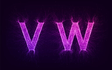 Obraz premium Artificial intelligence futuristic alphabet with thin expansion glowing lines. V, W. Neural network, machine learning, quantum computer, big data. Overlay color, easy to change. Vector illustration