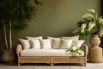 Cozy southern mediterranean interior design of a small living-room: green wall, beige colored couch...