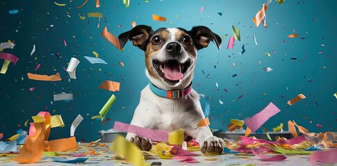 Playful Jack Russell Terrier Celebrating Birthday with Confetti and Party Poppers