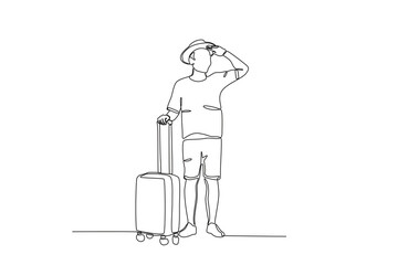 A man on summer vacation wears a hat and carries a suitcase. Staycation one-line drawing