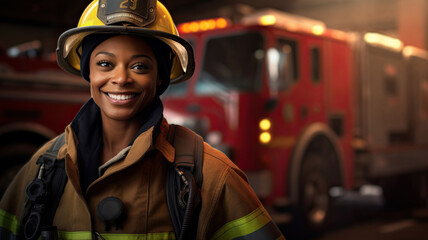 Young African American female firefighter working on a street fire. copy space