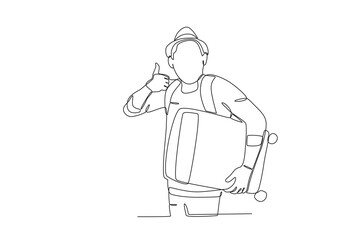 A man holds his suitcase while giving a thumbs-up. Staycation one-line drawing