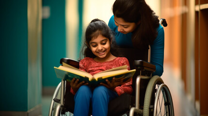 Bangladeshi Girl child in wheelchair reading book - obrazy, fototapety, plakaty