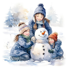 An illustrated watercolor image of three children joyfully building a snowman in a snowy landscape, all dressed in winter clothing