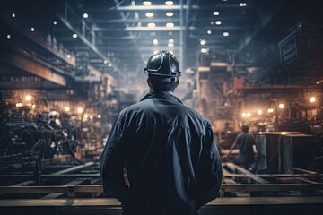 an employee wearing a helmet looks through an open factory Generative AI - obrazy, fototapety, plakaty