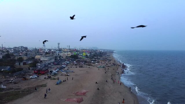  Aerial view of famous city in India, iconic Marina Beach and blue waters of Bay of Bengal - landscape panorama of South Asia from above Tamil nadu, India, chennai madras
