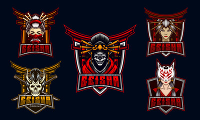 Geisha Logo Mascot Set Bundle. Geisha E-Sport Mascot Logo Design Set Bundle.