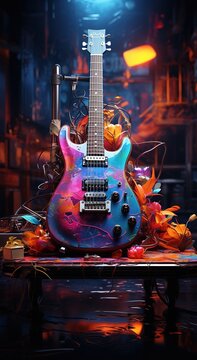 colorful guitar with colorful wood panel background.