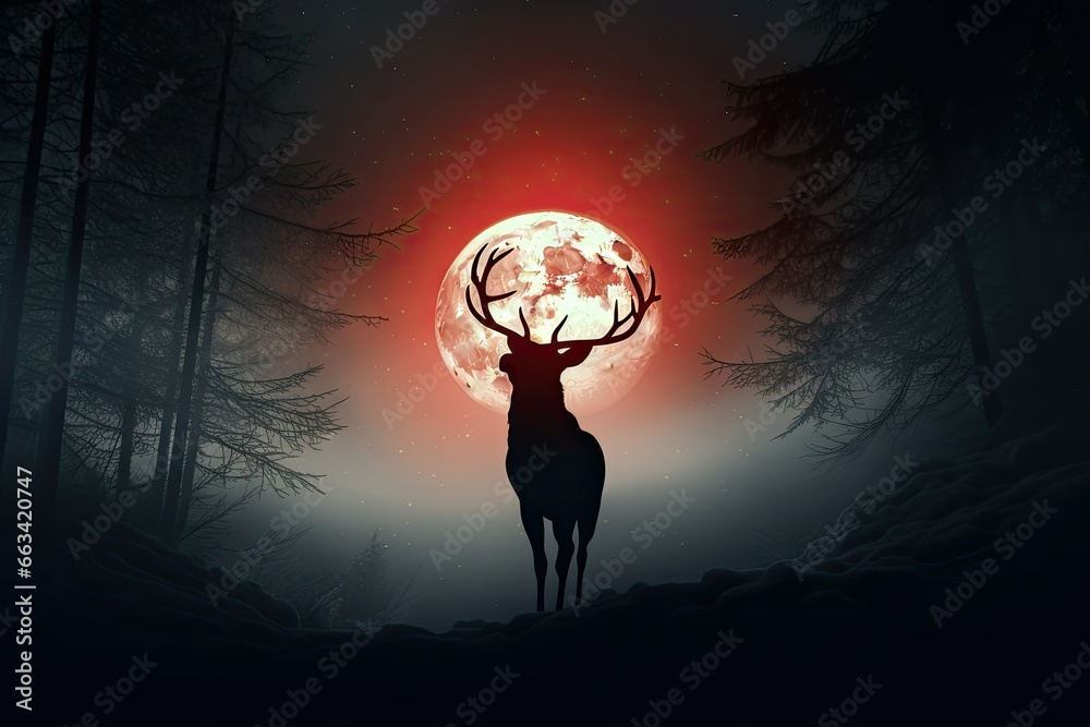 Canvas Prints  a deer standing in the middle of a forest with a full moon in the background.  generative ai