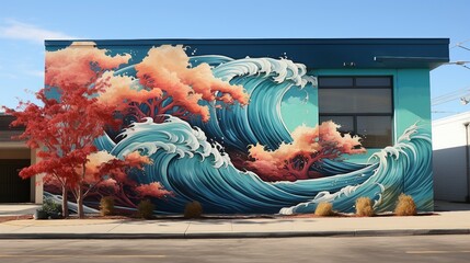 Naklejka premium Ocean Waves Graffiti on Wall