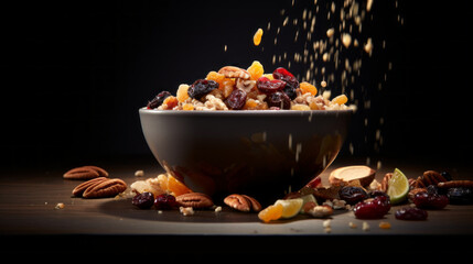 A bowl of hot, steaming oatmeal, topped with a variety of nuts and dried fruits