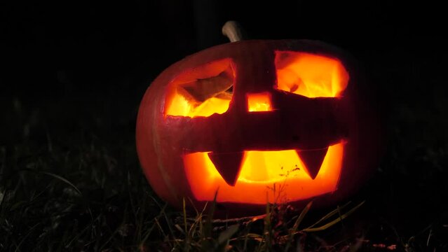 Halloween pumpkins that glow in the dark are placed on the ground