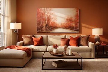 Cozy modern colorful orange interior design of a living-room with bright warm colors and fluffy textiles, natural earthy tones, warm autumn vibe
