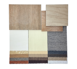 combination of interior material samples contain oak wooden ceramic flooring tiles and drapery fabric catalog palette in luxury brown and grey color tone isolated on background with clipping path.