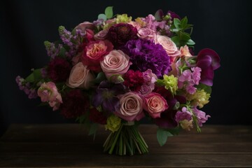 A beautiful bouquet of mixed flowers in stunning hues of purple, pink, and rosy colors, perfect for a special day. Generative AI