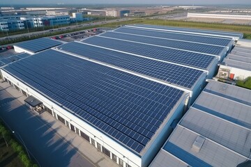 Above view of solar panels on retail center roof. Power plant utilizing clean, renewable energy. Ecological technology for industrial electric power. Generative AI - obrazy, fototapety, plakaty