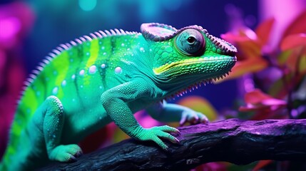 Fototapeta premium Vibrant Chameleon Blending into Neon Green Background
