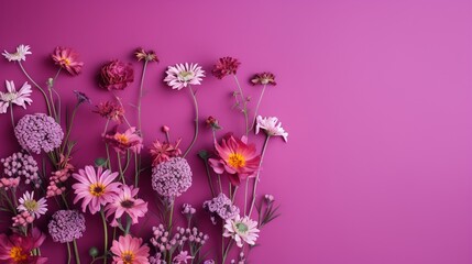  a bunch of flowers that are on a purple background with a pink background and a purple background with a bunch of flowers on the side of the wall.  generative ai