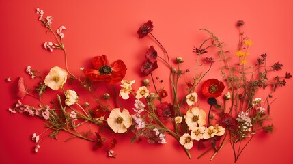  a bunch of flowers that are on a red surface with a red background and a red background with white, yellow, and red flowers.  generative ai