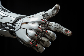 Humanoid robot hand, pointing index finger on dark background
