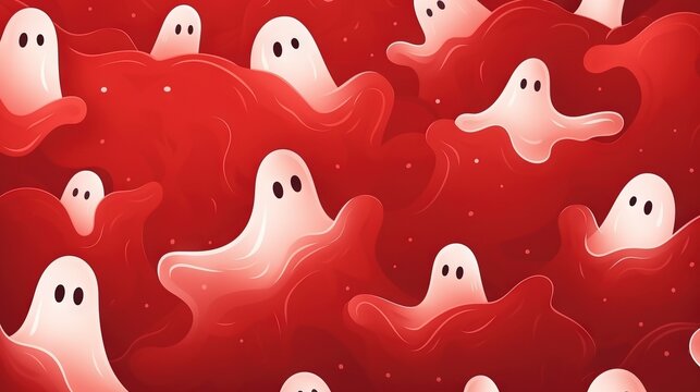  a group of ghost like figures in a red background with white faces and hands in the middle of the image, with a red background with white dots.  generative ai