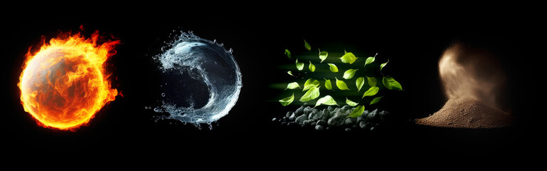 Earth, water, air, fire. Four elements of nature. 4 elements. Isolated black background. fantasy collection of the elements.  - obrazy, fototapety, plakaty