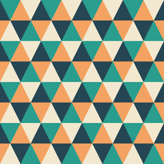 Obraz premium abstract triangle seamless pattern, green orange navy colored pastel, geometric mosaic background, multicolor triangle design decoration, tile, texture, wallpaper, vector illustration