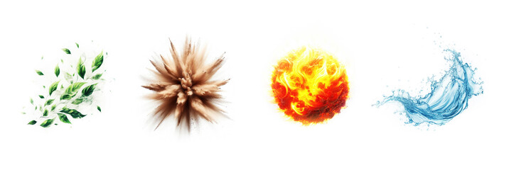Obraz premium Earth, water, air, fire. Four elements of nature. 4 elements. Isolated white background. collection of the natures elements. 