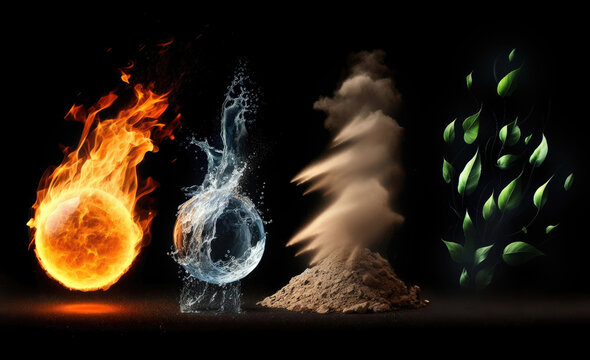 Earth, water, air, fire. Four elements of nature. 4 elements. Isolated black background. empty dark background. fantasy concept.