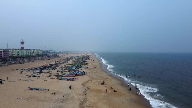  Aerial view of famous city in India, iconic Marina Beach and blue waters of Bay of Bengal - landscape panorama of South Asia from above Tamil nadu, India, chennai madras