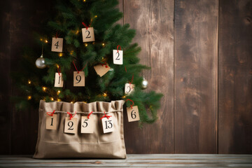 DIY Advent calendar of eco bags hangs on Christmas tree with golden balls on wooden shelf. Copy space.
