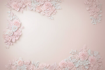 Paper flowers frame on pastel pink background with copy space for text