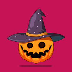 happy halloween pumpkin with hat, witch hat, holidays cartoon character, element object decolation, sticker, vector illustration