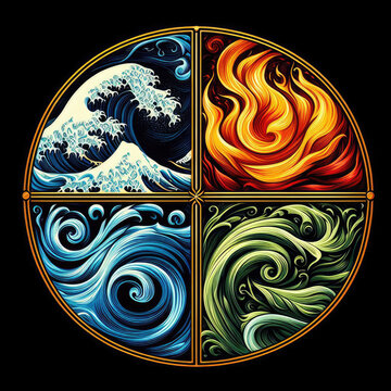 Earth, water, air, fire. Four elements of nature. 4 elements. Isolated black background. illustrated concept art of the elements of nature.