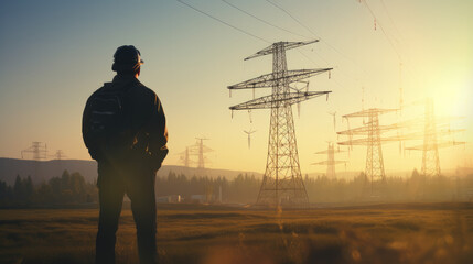 engineer standing in front of electricity station - obrazy, fototapety, plakaty