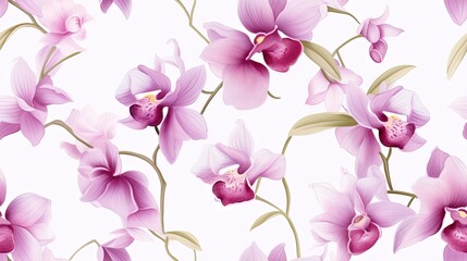  a pattern of pink orchids on a white background with green leaves and buds on the petals of the flowers, with a soft pink background.  generative ai
