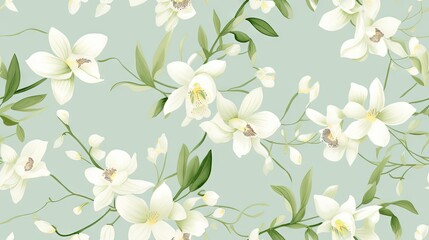 Fototapeta na wymiar a floral pattern with white flowers and green leaves on a light blue background with a green stem in the center of the image is a branch. generative ai