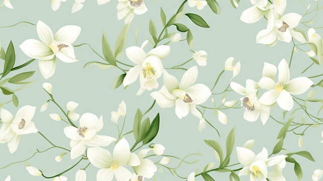 a floral pattern with white flowers and green leaves on a light blue background with a green stem in the center of the image is a branch.  generative ai