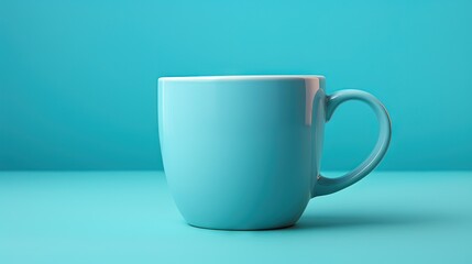  a blue coffee cup sitting on top of a blue table next to a blue wall and a blue wall behind it is a blue background.  generative ai