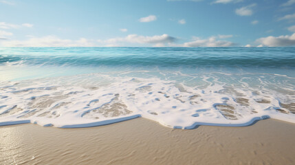 A breathtaking view of a sandy beach, with the waves gently lapping the shore