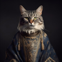 Realistic lifelike tabby cat kitten in renaissance regal medieval noble royal outfits, commercial, editorial advertisement, surreal surrealism. 18th-century historical	
 - obrazy, fototapety, plakaty