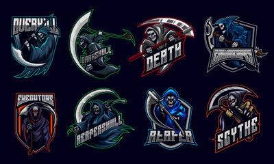 Set of Grim Reaper Skull Esport Logo Vector Illustration Mascot Template Illustration - obrazy, fototapety, plakaty